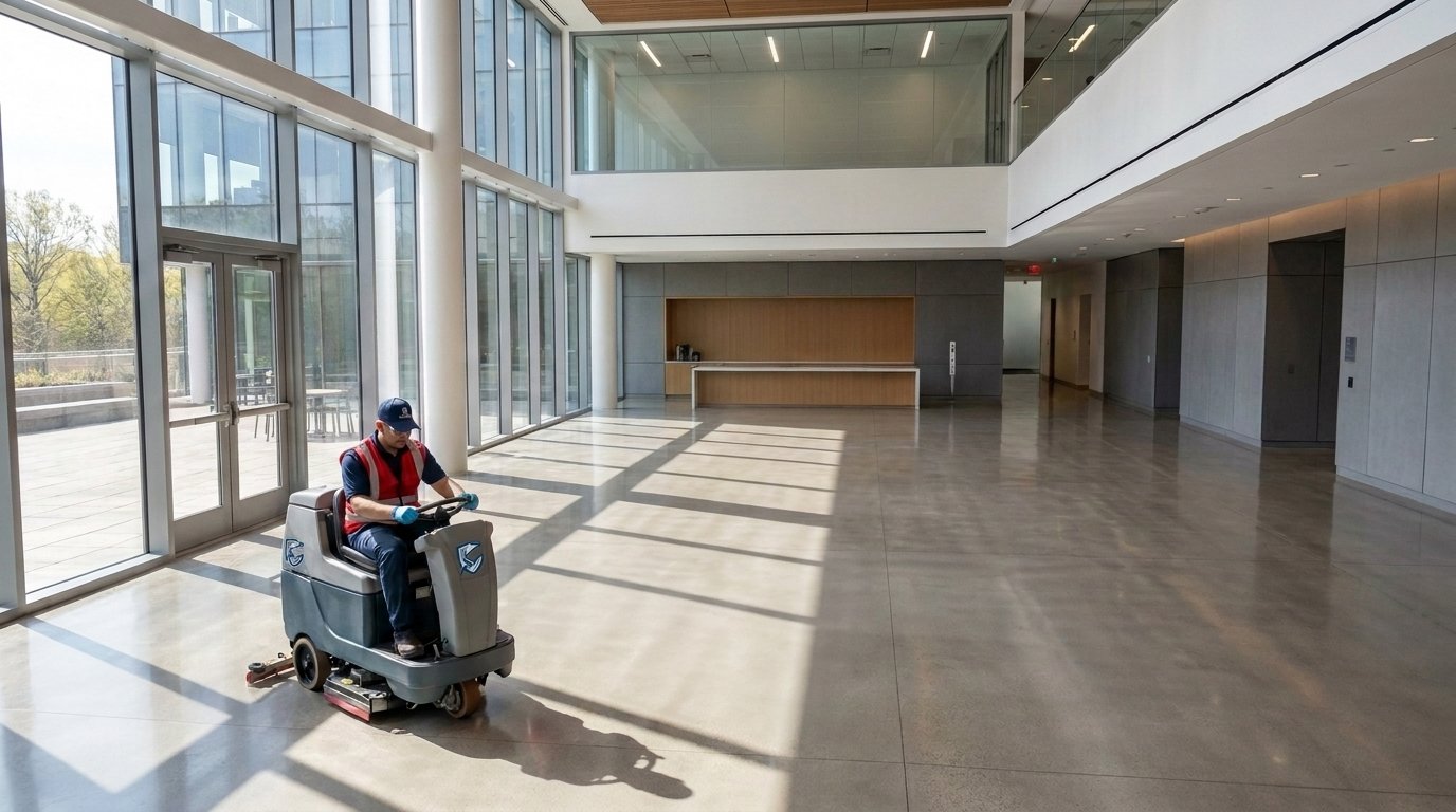 A cleaner using a ride-on floor machine in a bright commercial atrium.