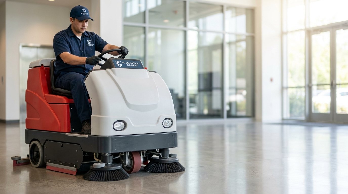 A cleaner operating a floor-care machine in a modern interior.