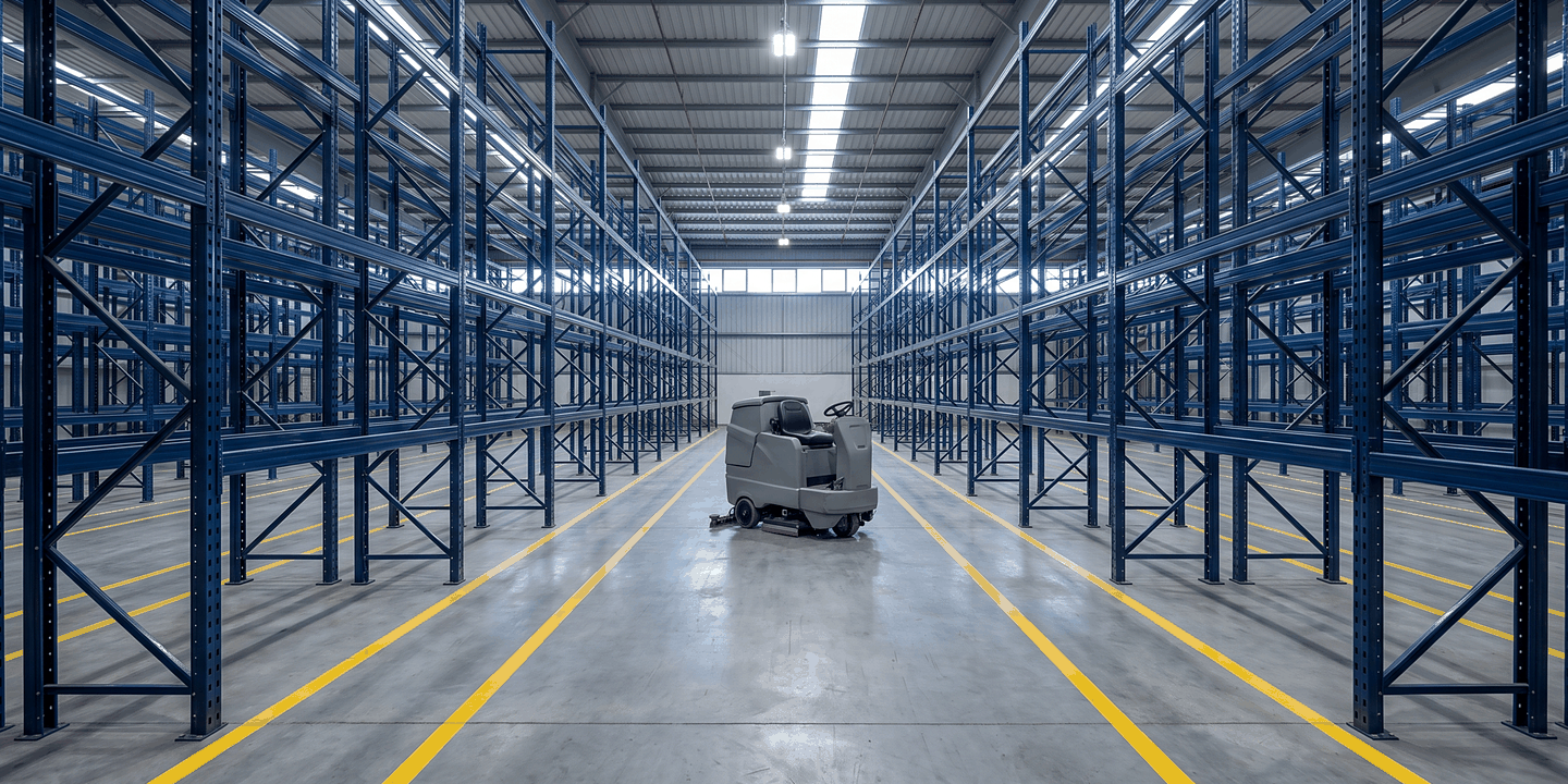 A warehouse aisle with steel racking, a sealed concrete floor and a ride-on floor scrubber.